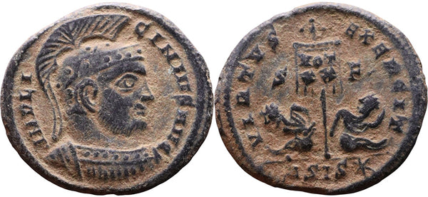 Ancient Roman coin of the Emperor Licinius I minted in Siscia in 320 AD - two bound captives
