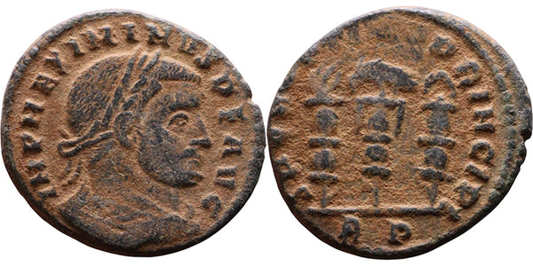 Ancient Roman coin of the Emperor Maximinus II minted in Rome - military standards