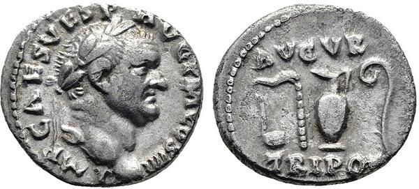 VF++ Ancient Roman silver denarius of the Emperor Vespasian minted in Rome