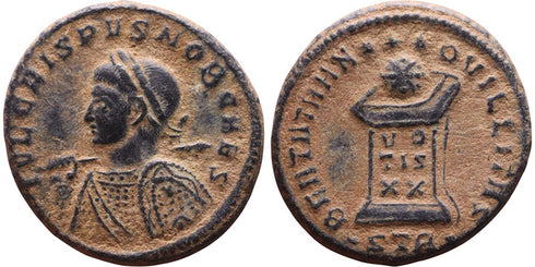 Ancient Roman coin of Crispus holding spear and shield minted in Trier - BEATA TRANQVILLITAS