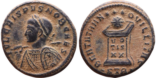 Ancient Roman coin of Crispus holding spear and shield minted in Trier - BEATA TRANQVILLITAS