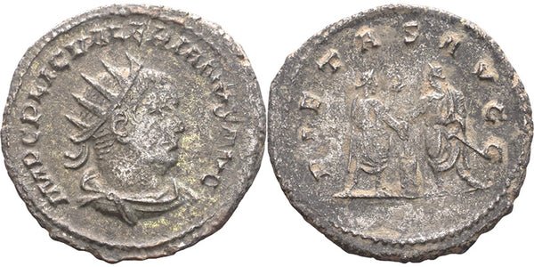 Ancient Roman silvered coin of the Emperor Valerian as Co-Augustus - PIETAS AVGG