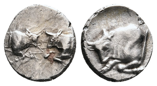 Ancient Greek silver coin from Caria with Two Bulls circa 450-400 BC