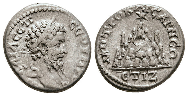 Ancient Roman Provincial silver coin of the Emperor Septimius Severus minted in Caesarea, Cappadocia