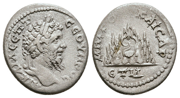 Ancient Roman Provincial silver coin of the Emperor Septimius Severus minted in Caesarea, Cappadocia