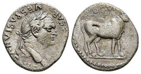 Ancient Roman silver denarius of the Emperor Vespasian minted in Rome