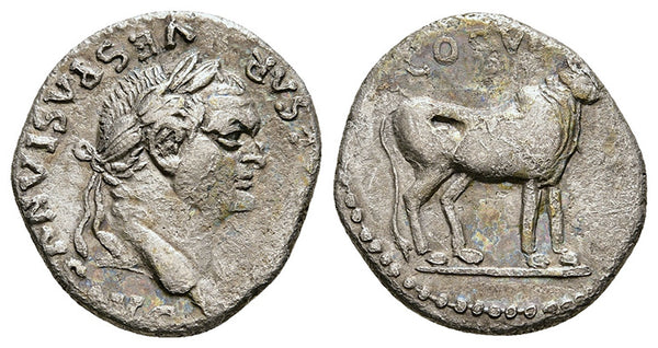 Ancient Roman silver denarius of the Emperor Vespasian minted in Rome