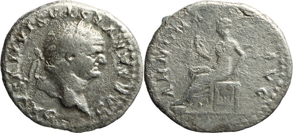 Ancient Roman silver denarius of the Emperor Vespasian minted in Rome