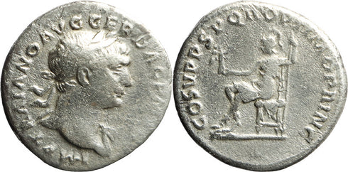 Ancient Roman silver denarius of the Emperor Trajan minted in Rome