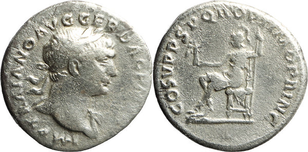 Ancient Roman silver denarius of the Emperor Trajan minted in Rome