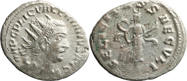 Ancient Roman silvered coin of the Emperor Valerian as Augustus minted in Antioch in 254-255 AD