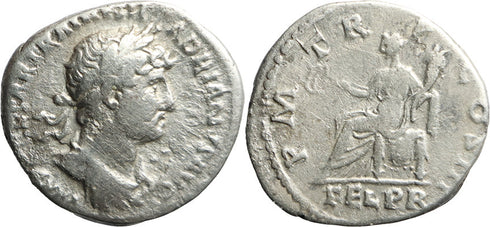 Ancient Roman silver denarius of the Emperor Hadrian minted in Rome