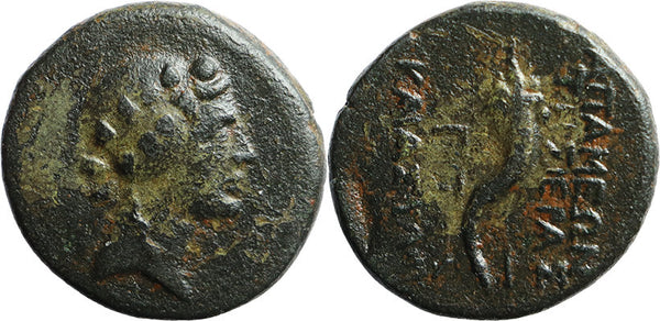 Ancient Greek coin with Dionysios minted in Apameia in 1 AD under the reign of Augustus 27 BC to 14 AD