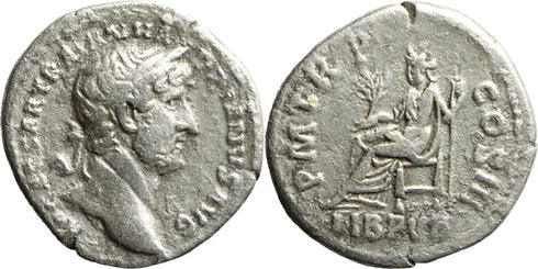 Ancient Roman silver denarius of the Emperor Hadrian minted in Rome