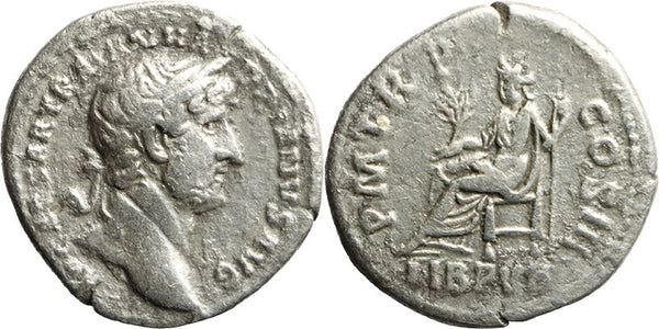 Ancient Roman silver denarius of the Emperor Hadrian minted in Rome