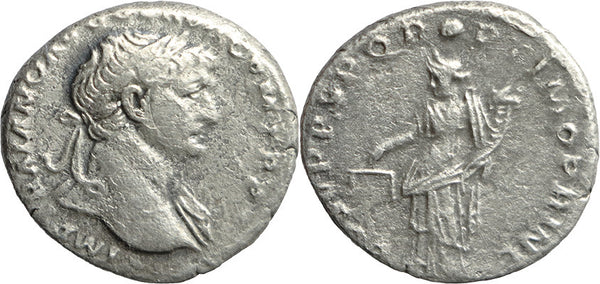 Ancient Roman silver denarius of the Emperor Trajan minted in Rome