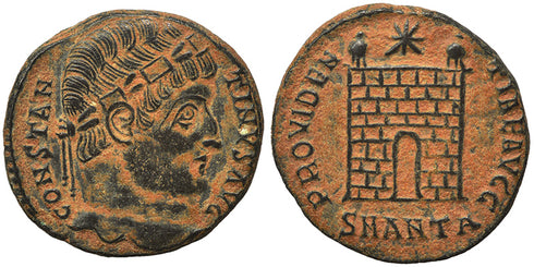 VF+++ Ancient Roman coin of Constantine I minted in Antioch - PROVIDENTIAE AVGG - Campgate with 9 levels