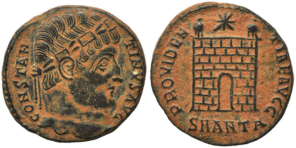 VF+++ Ancient Roman coin of Constantine I minted in Antioch - PROVIDENTIAE AVGG - Campgate with 9 levels