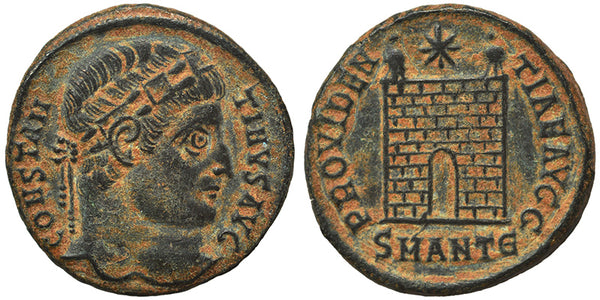 VF++ Ancient Roman coin of Constantine I minted in Antioch - PROVIDENTIAE AVGG - Campgate with 11 levels