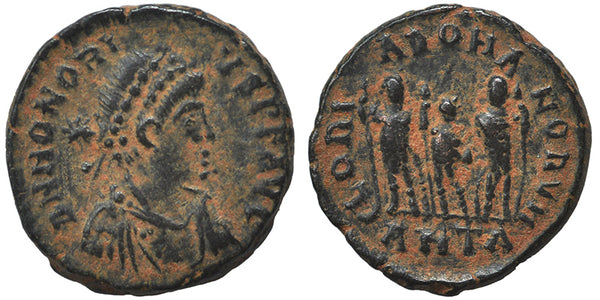Ancient Roman coin of the Emperor Honorius, Arcadius and Theodosius minted in Antioch