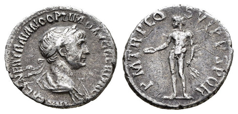 Ancient Roman silver denarius of the Emperor Trajan minted in Rome