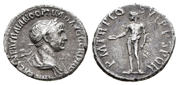 Ancient Roman silver denarius of the Emperor Trajan minted in Rome