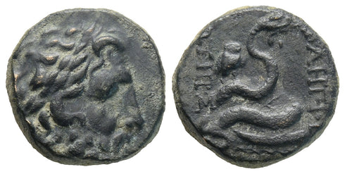 Ancient Greek coin minted in Pergamon, Mysia - Asklepios and a coiled serpent