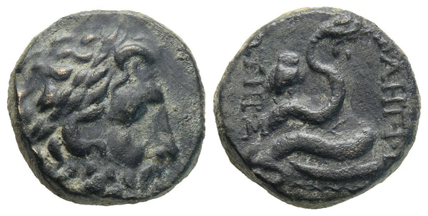 Ancient Greek coin minted in Pergamon, Mysia - Asklepios and a coiled serpent