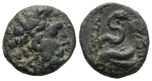 Ancient Greek coin minted in Pergamon, Mysia - Asklepios and a coiled serpent