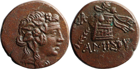 Ancient Greek coin from Pontos, Amisos 120-63BC Dionysos with Cista Mystica