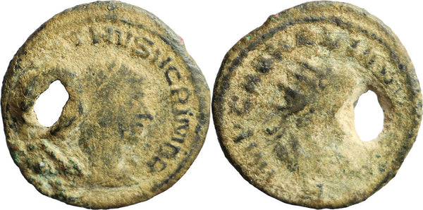 Ancient Roman coin of the Emperor Aurelian and Vabalathus holed in antiquity