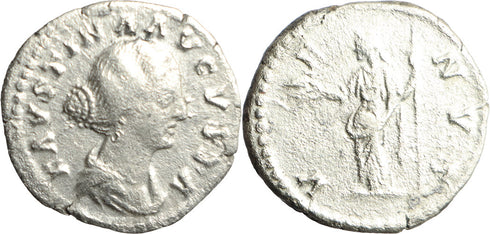 Ancient Roman silver denarius of Faustina II minted in Rome
