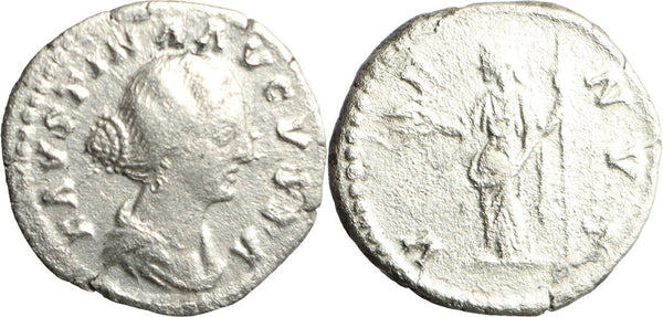 Ancient Roman silver denarius of Faustina II minted in Rome