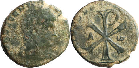 Ancient Roman coin of Decentius with Christogram/Chi Rho reverse found in Spain