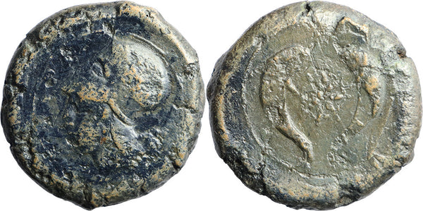 Ancient Sicilian coin minted in Syracuse, Sicily in 405-367 BC - Athena and Dolphins