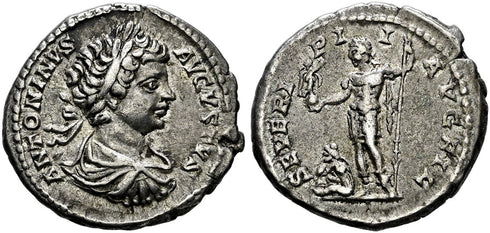 VF+++++ Ancient Roman silver denarius of Caracalla as Augustus minted in Rome in 199-200 AD