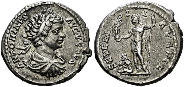 VF+++++ Ancient Roman silver denarius of Caracalla as Augustus minted in Rome in 199-200 AD