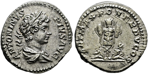 VF+++++ Ancient Roman silver denarius of Caracalla as Augustus minted in Rome in 202 AD