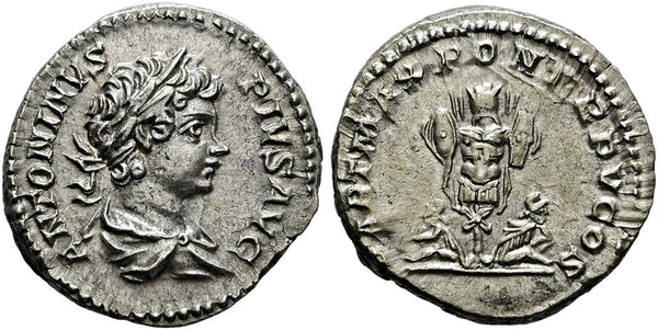 VF+++++ Ancient Roman silver denarius of Caracalla as Augustus minted in Rome in 202 AD