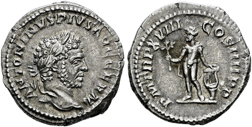 EF Ancient Roman silver denarius of Caracalla as Augustus minted in Rome in 215 AD