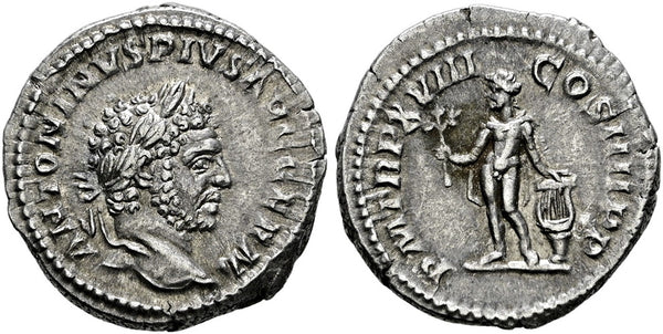 EF Ancient Roman silver denarius of Caracalla as Augustus minted in Rome in 215 AD