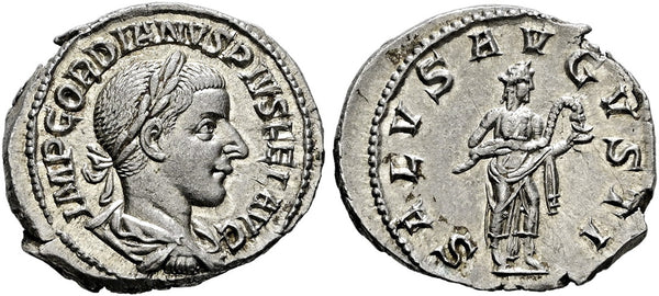 aEF Ancient Roman silver denarius of the Emperor Gordian III minted in Rome in 241 AD - Marriage issue