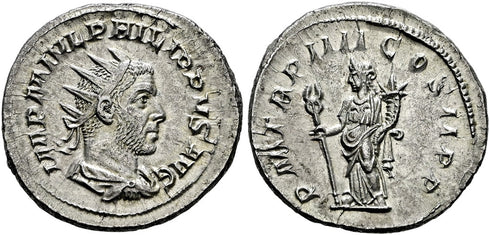EF Ancient Roman silver coin of the Emperor Philip I minted in Rome in 247 AD
