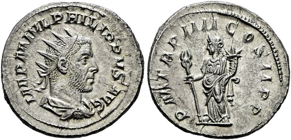 EF Ancient Roman silver coin of the Emperor Philip I minted in Rome in 247 AD