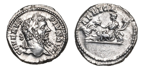 Ancient Roman silver denarius of the Emperor Septimius Severus minted in Rome in 202-210 AD