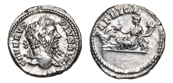 Ancient Roman silver denarius of the Emperor Septimius Severus minted in Rome in 202-210 AD