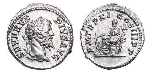 Ancient Roman silver denarius of the Emperor Septimius Severus minted in Rome in 203 AD