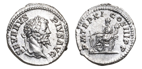 Ancient Roman silver denarius of the Emperor Septimius Severus minted in Rome in 203 AD