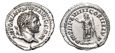 Mint State Ancient Roman silver denarius of Caracalla as Augustus minted in Rome in 216 AD