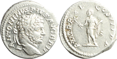 Ancient Roman silver denarius of Caracalla as Augustus with Hercules minted in Rome